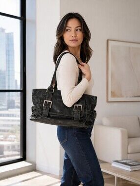 Michael Kors Y2K Black Leather Belted Buckle Satchel Bag